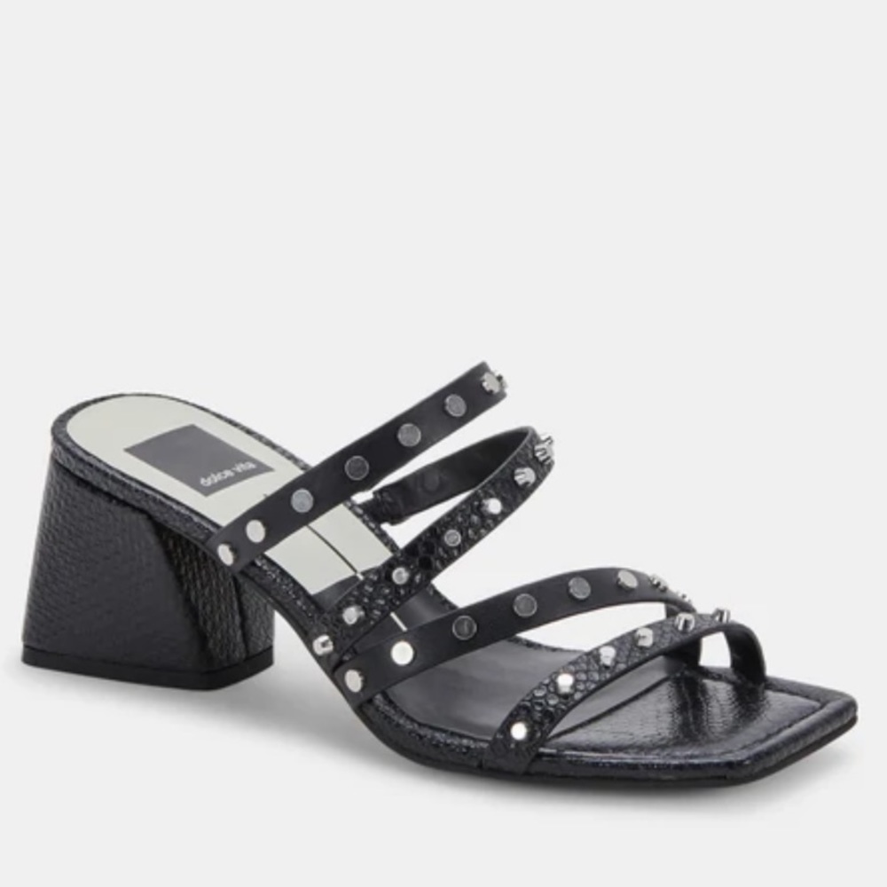 Marie black Stella silver block heals strap snake print embossed square toe stud